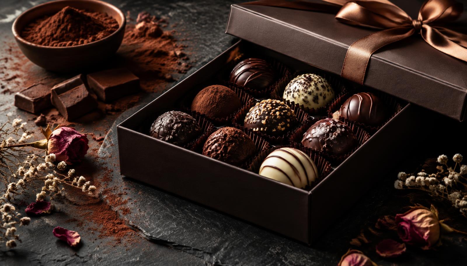 Caixa aberta de trufas artesanais com cacau e flores secas sobre ardósia