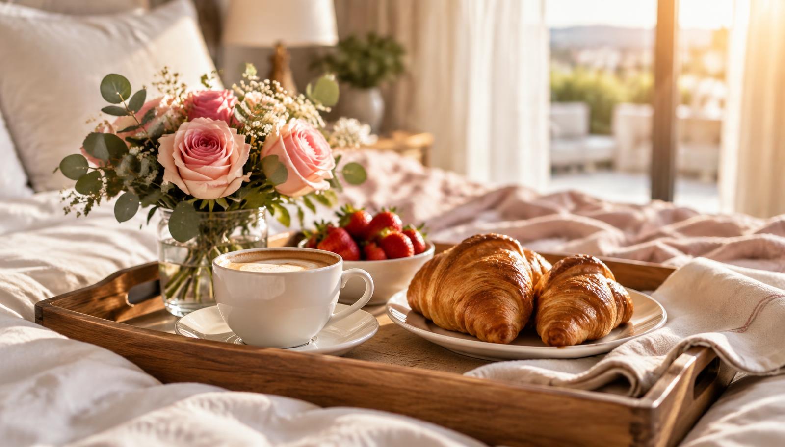 Bandeja de café da manhã com café, croissants, morangos e buquê de rosas na cama