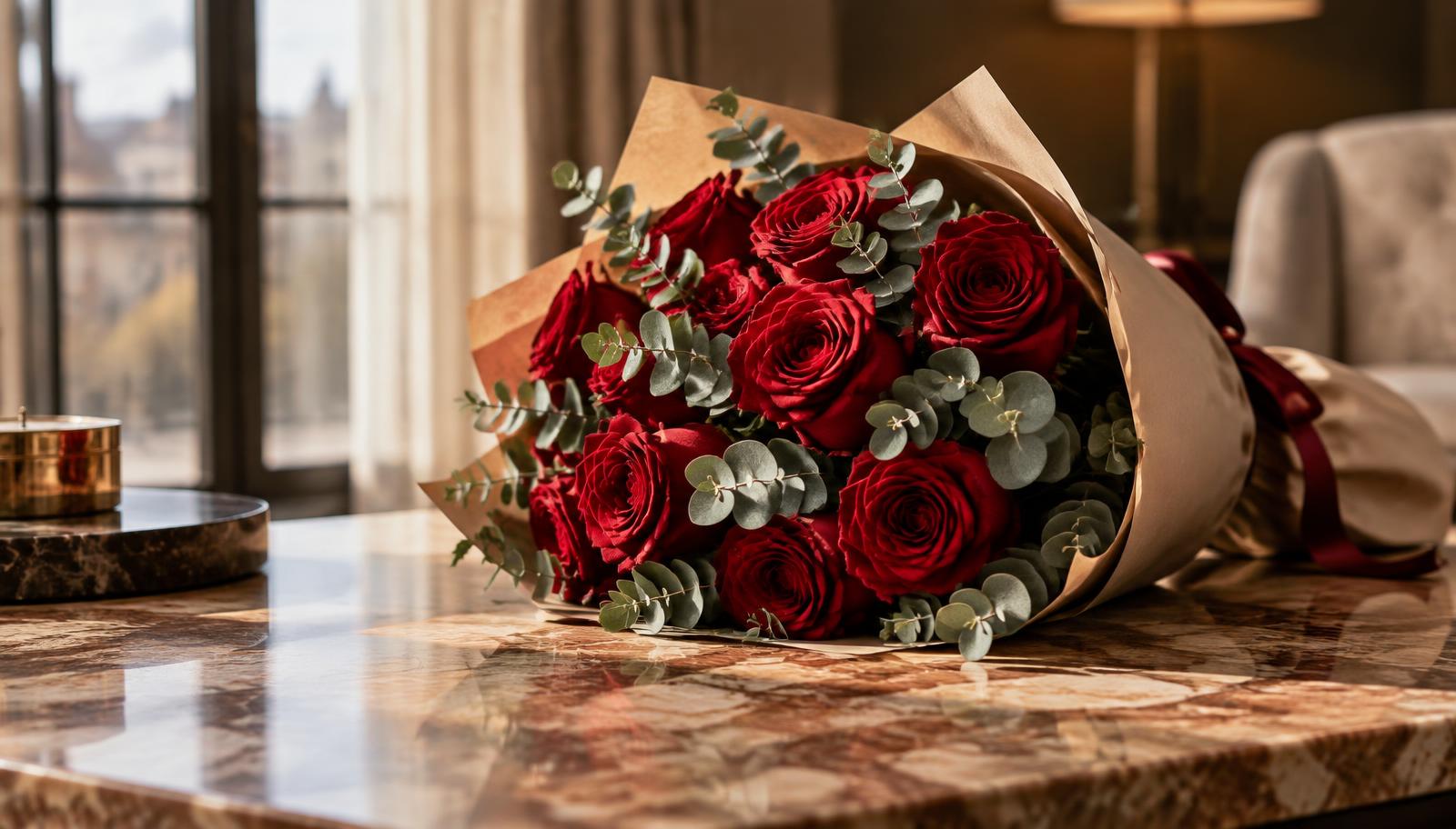 Buquê de rosas vermelhas embalado em papel kraft sobre mesa de mármore