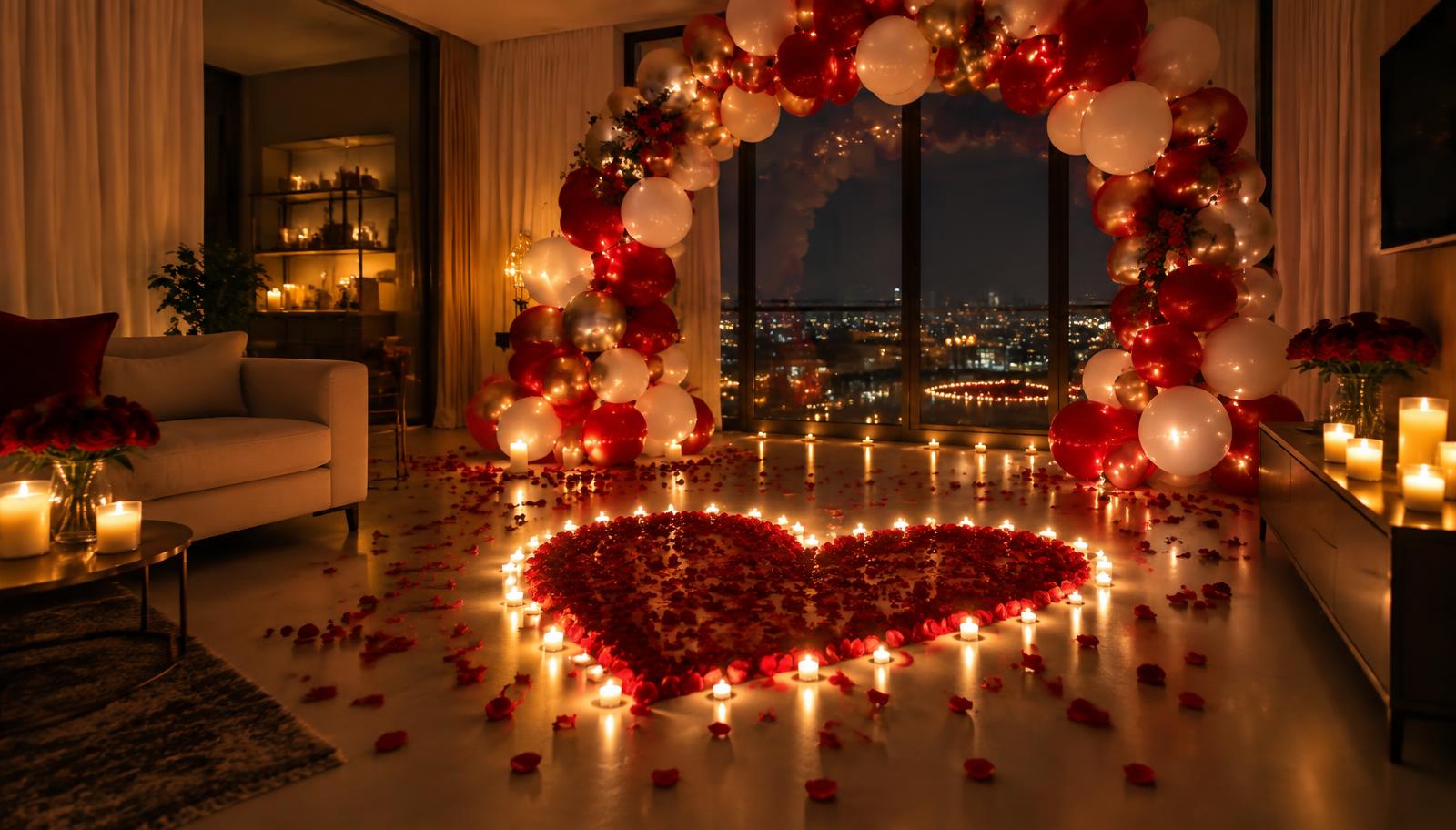 Sala decorada com arco de balões, velas e coração de pétalas no chão