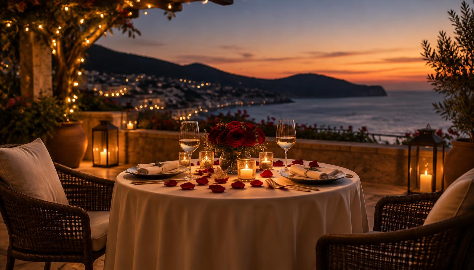 Mesa de jantar romântica com velas, rosas e vista para o mar ao entardecer