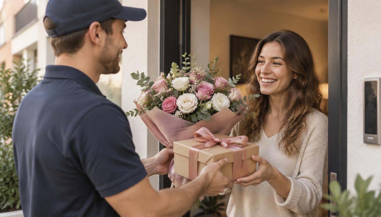 Entregador levando buquê de flores e cesta de presente para entrega no mesmo dia