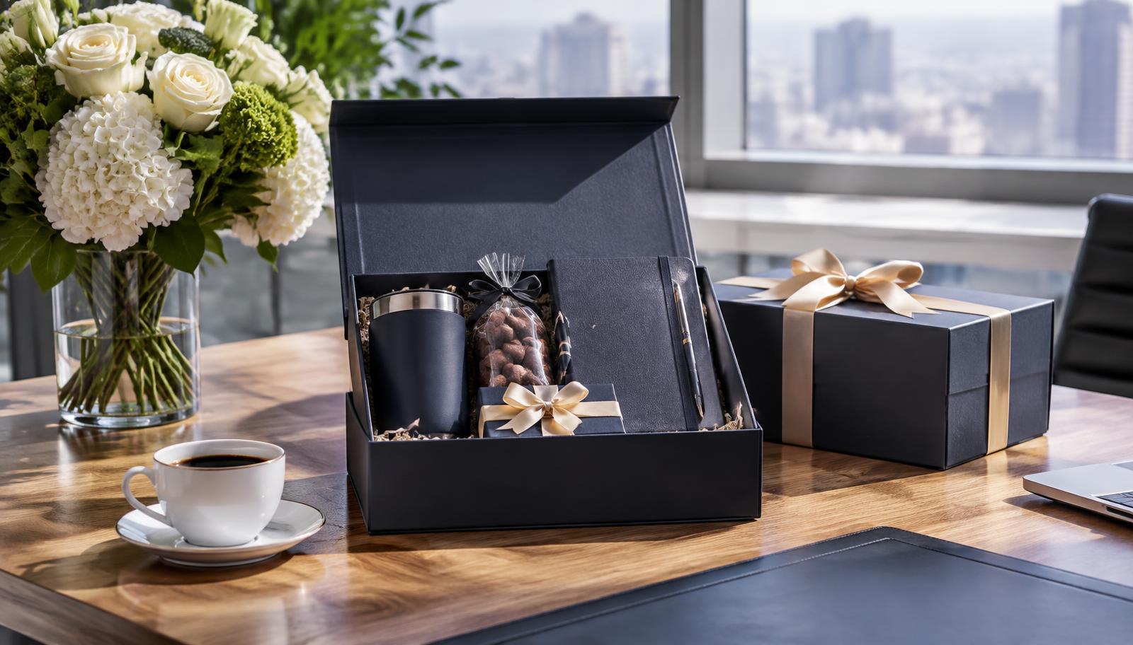Kit de presente corporativo com caixa escura, caneca, caderno e flores em escritório