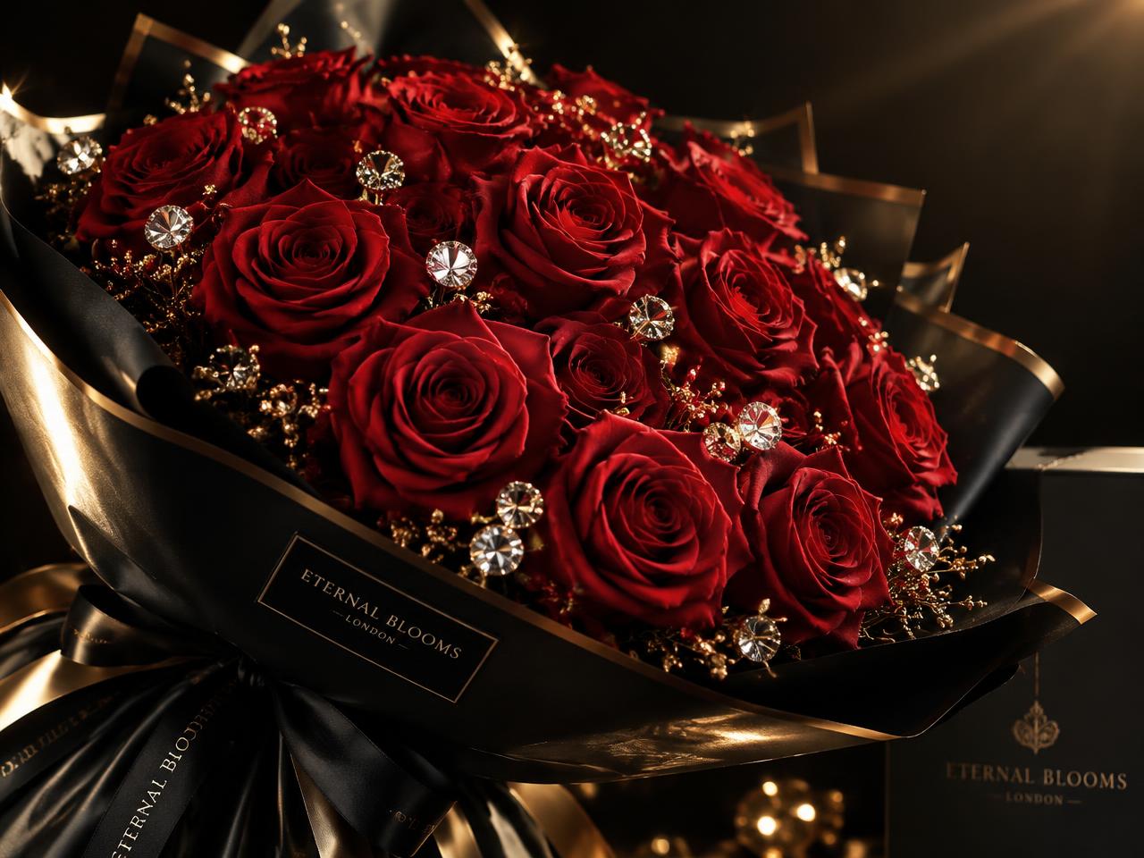 Buquê premium de rosas com detalhes dourados