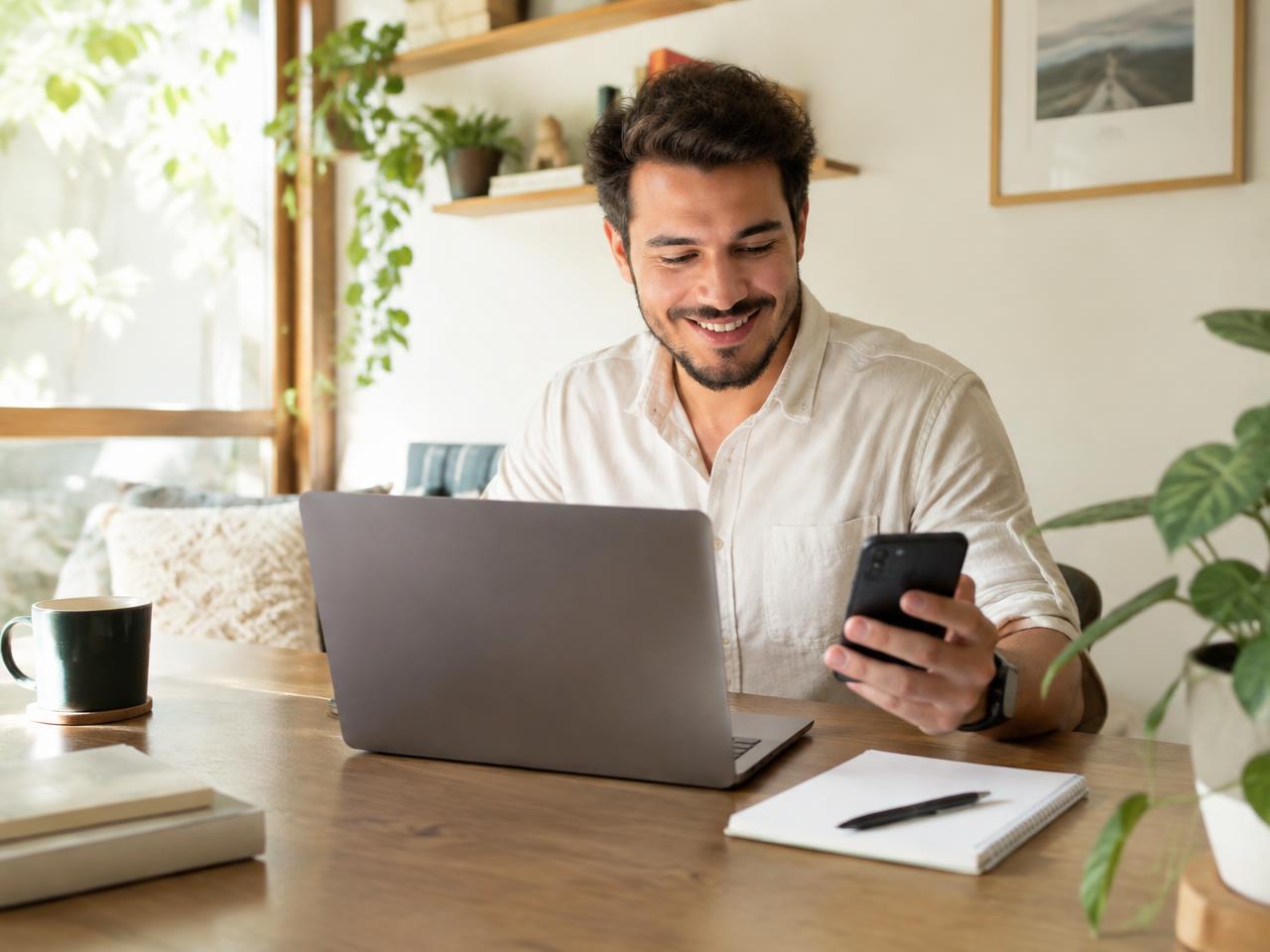 Franqueado trabalhando de casa com notebook e celular organizando lojas parceiras