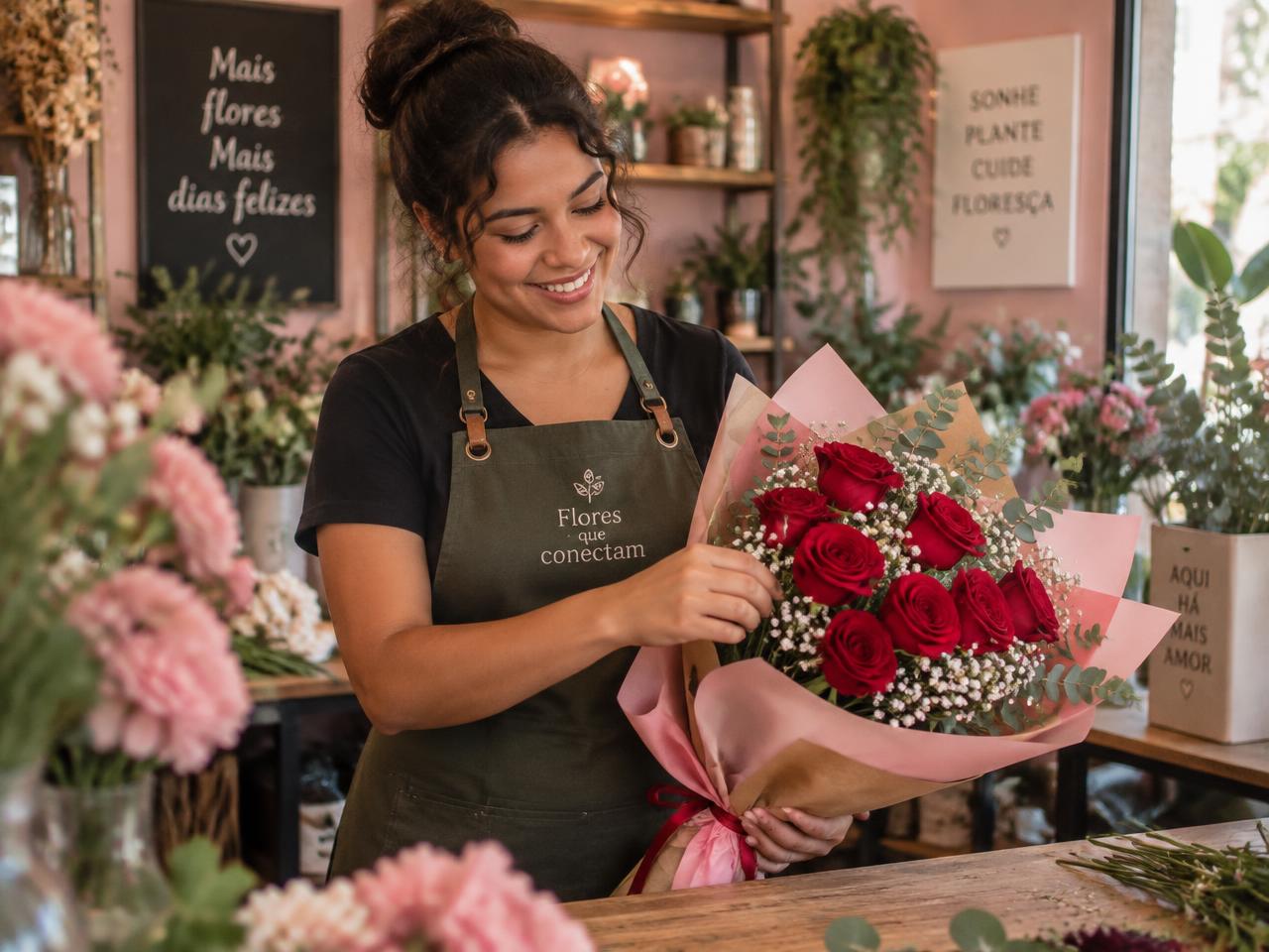 Florista montando buquê enquanto recebe pedido no painel da loja Presenteando